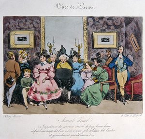 Humorystyczne przedstawienie zachowania i rozmowy gości przed obiadem, rytowane przez Francois Serafina Delpecha (1778-1825) (kolor lito)