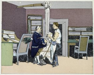 Osiem godzin: zamiatanie biur i dyskusja polityczna między chłopcami z biura - w „Moralności administracyjnych” Henri Monniera autorstwa Henri Bonaventure Monnier