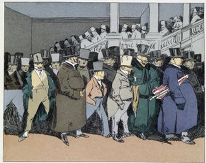 Cztery godziny: pracownicy odchodzą, zapomniani do następnego dnia o wszelkich biurokratycznych sprawach - w „„Mores Administratives” Henri Monniera autorstwa Henri Bonaventure Monnier