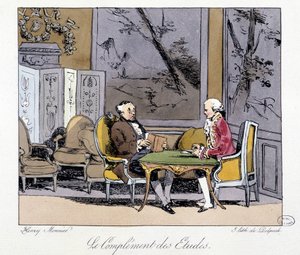 Uzupełnienie studiów: dwóch mężczyzn dyskutujących w salonie – w „Dawniej i dziś” Henri Monniera, wyd. Delpech autorstwa Henri Bonaventure Monnier