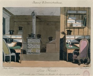 Scena w paryskim biurze podczas przerwy obiadowej, ok. 1830 r. (kolor grawerowany) autorstwa Henri Bonaventure Monnier