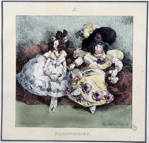 Brzydkie kobiety robiące „”gobelin”” siedzące w salonie – w „Parisiennes” Henri Monniera, wyd. Delpech, Paryż