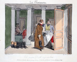 Biedak płaci za buty, ilustracja z „Les Marionnettes” Henri Monniera, litografia Delpech, wyd. Paryż, ok.1828 (ręcznie kolorowana lito) autorstwa Henri Bonaventure Monnier