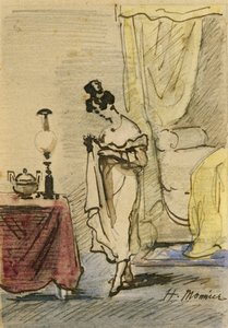 Młoda dama w domu (tusz i wc na papierze) 2:Jeune fille dans un interieur; intimite; autorstwa Henri Bonaventure Monnier