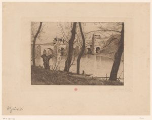 Widok na most w Mantes-la-Jolie autorstwa Henri Charles Guérard