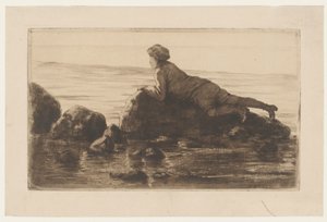 Chłopiec leżący na głazach na plaży autorstwa Henri Charles Guérard