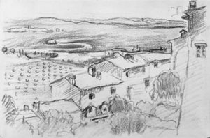 Widok z wioski nad polami i łąkami w kierunku morza. Bormes-les-Mimosas autorstwa Henri Edmond Cross