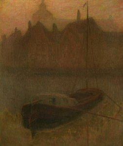 Łódź na kanale (rano) (olej na płótnie) autorstwa Henri Eugene Augustin Le Sidaner