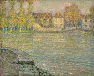 Domy nad rzeką o zachodzie słońca, Moret; Domy nad rzeką o zachodzie słońca, Moret autorstwa Henri Eugene Augustin Le Sidaner
