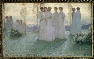 W niedzielę Kobieta ubrana na biało rozmawiająca w ogrodzie - Obraz Henri Eugene (Henri-Eugene) Le Sidaner (1862-1939) autorstwa Henri Eugene Augustin Le Sidaner