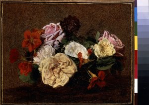 Róże i nasturcje w wazonie. Obraz Henri Fantin-Latour (Fantin Latour autorstwa Ignace Henri Jean Fantin Latour