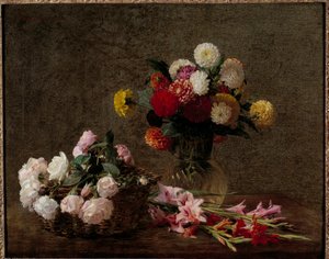 Dalie i róże w koszyku Obraz Henri Fantina Latoura (Fantin-Latour autorstwa Ignace Henri Jean Fantin Latour
