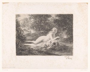 Nimfa z dzbanem na wodę przy leśnym potoku La source dans les bois (tytuł na obiekcie) autorstwa Ignace Henri Jean Fantin Latour