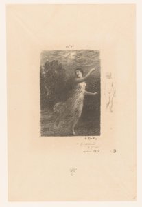 Nimf vlucht weg voor sater Nocą wędrująca nimfa Bukoliki. Sielanki i fragmenty sielanek. XXIV Gedichten van André Chénier (tytuł serii) Ilustracje do wierszy André Chéniera (tytuł serii) autorstwa Ignace Henri Jean Fantin Latour
