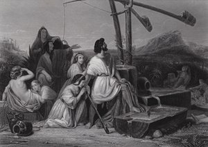 Mojżesz w krainie Midian (rycina) autorstwa Henri Frederic (after) Schopin