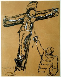 Satyra na aferę Dreyfusa: „” Kapitan Dreyfus i generał Mercier (1833-1921): minister wojny, który skazał Dreyfusa, zamiast rzymskiego żołnierza, wyciąga gąbkę do ukrzyżowania kapitana Dreyfusa, aby otarł twarz”” „Chiński tusz i gwak autorstwa Henri Gabriel Ibels