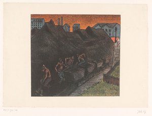 Czterech górników szufluje węgiel do wózków Au parc de charbon Spektakle Théâtre Libre (tytuł serii) Les Programs du Théâtre Libre (tytuł serii) autorstwa Henri Gabriel Ibels
