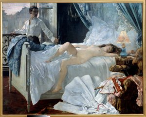 Rolla. Para w sypialni, kobieta śpi nago, a mężczyzna patrzy na nią przy oknie. Obraz Henri Gervexa (1852 - 1929). 1878. wym. 1,75 x 2,20 m Musee des Beaux Arts de Bordeaux - Rolla. Para w sypialni, kobieta śpi i na