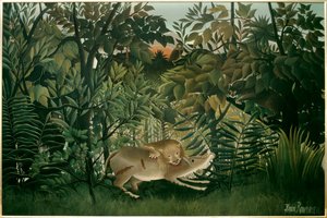 Głodny lew. Obraz Henri Rousseau dit Le Douanier Rousseau (1844-1910), XX wiek. Olej na płótnie. Wymiary: 2,00 x 3,00m. Bale, Muzeum Sztuk Pięknych