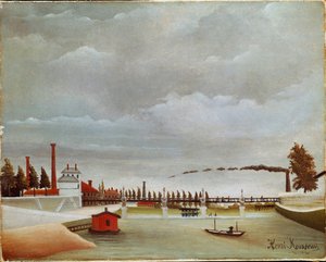 Brzegi Sekwany. Krajobraz Sekwany (lub brzegu Sekwany). Obraz Henri Rousseau dit Le Douanier Rousseau (1844-1910) autorstwa Henri J.F. Rousseau