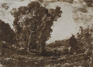 Dwóch wioślarzy na bagnach w pobliżu skupiska drzew, ok. godz. 1857.