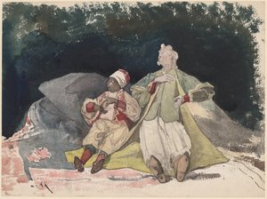 Dwie lalki lub pacynki siedzące na poduszkach autorstwa Henri Joseph Harpignies