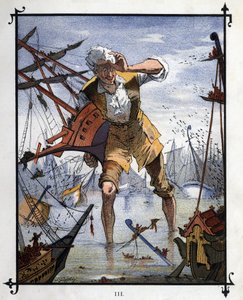 Lemuel Gulliver w centrum bitwy morskiej między statkami Lilliput i Blefuscu. Ilustracja do „Podróży Guliwera” Jonathana Swifta (1667-1745)