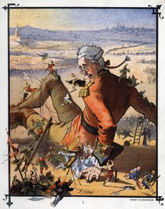 Lemuel Gulliver jest związany przez Lilluputów. Ilustracja do „Podróży Guliwera” Jonathana Swifta (1667-1745)