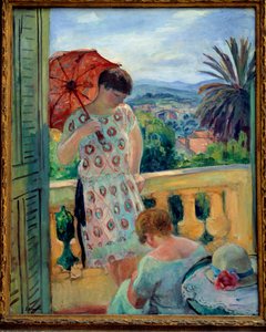 Dwie kobiety na balkonie lub na balkonie, z widokiem na Esterel. Obraz Henri Lebasque (1865-1937) 1925-1926, olej na płótnie, 92,5 × 65 cm. Lyon, musee des Beaux Arts - Dwie kobiety na balkonie lub balkonie z widokiem na Esterel. Malarstwo Henri Lebas