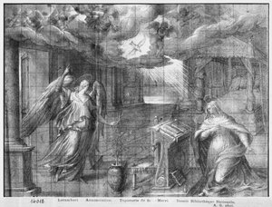 Żywot Chrystusa, Zwiastowanie, studium przygotowawcze do karykatury gobelinu dla kościoła Saint-Merri w Paryżu, ok. 1585-90 (pierre noire i wash oraz białe paski na papierze)