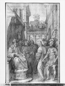 Życie Chrystusa, Chrystus przed Herodem, studium przygotowawcze do rysowania gobelinu dla kościoła Saint-Merri w Paryżu, ok. 1585-90 (pierre noire und wash und white highlights na papierze) autorstwa Henri Lerambert