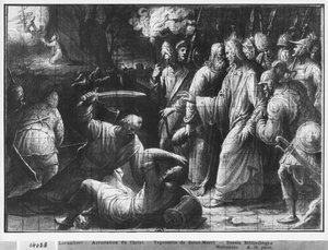 Życie Chrystusa, aresztowanie Chrystusa, studium przygotowawcze do rysowania gobelinu dla kościoła Saint-Merri w Paryżu, ok. 1585-90 (pierre noire und wash und white highlights na papierze) autorstwa Henri Lerambert