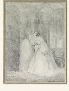 Wnętrze z młodą kobietą opartą o kolumnę autorstwa Henri Leys (baron)