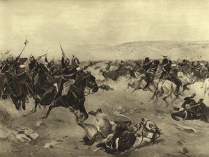 Szarża ciężkiej brygady, bitwa pod kominiarką, 1854 (grawiura) autorstwa Henri Louis Dupray