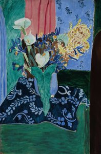 Arums, Iris i Mimosas (Kwiaty w niebieskim wazonie na niebieskim obrusie) autorstwa Henri Matisse