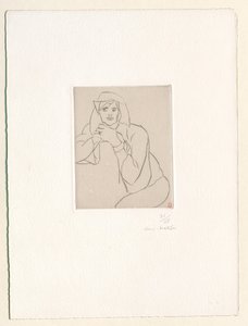 Młoda kobieta z dłońmi złożonymi na oparciu mebla autorstwa Henri Matisse