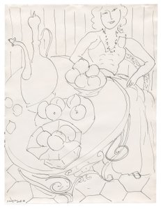 Kobieta siedząca przy stole z owocami i dzbankiem autorstwa Henri Matisse