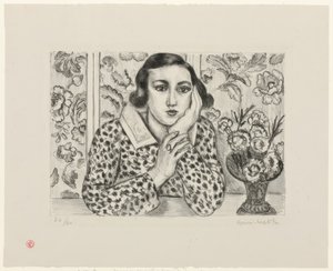 Młoda dziewczyna opierająca się o kwiecisty ekran autorstwa Henri Matisse