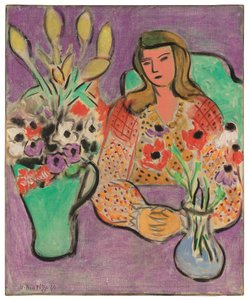 Młoda kobieta z zawilcami na fioletowym tle autorstwa Henri Matisse