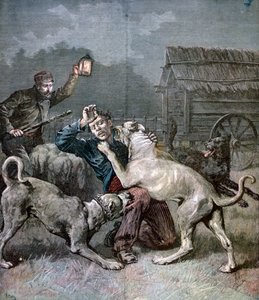 Przestępca zaatakowany przez trzy duże psy, 1891 autorstwa Henri Meyer