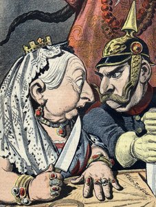 Karykatura królowej Wiktorii i karykatura Wilhelma II z 16 stycznia 1898 r., szczegół z karykatury imperializmu chińskiego (przycięte) autorstwa Henri Meyer
