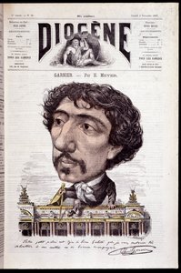 Karykatura Charlesa Garniera, siedzącego na swoim dziele, Opera Garnier - w „Diogenes” z 02.11.1867 autorstwa Henri Meyer