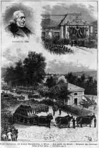 Śmierć Leona Gambetty (1838-1882) Polityk francuski - Pogrzeb Leona Gambetty w Nicei - Dworzec kolejowy w Nicei - wyjazd z procesji - w „Le journal illustrious”” z 1883 r. - Rysunek Henri Meyera (1844-1899) autorstwa Henri Meyer