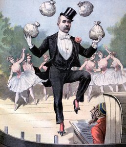 Georges Clemenceau żonglujący torbami z angielskimi pieniędzmi, 1893 autorstwa Henri Meyer