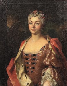 Portret szlachcianki, półdługi, w różowej sukni i szacie obszytej gronostajami autorstwa Henri Millot