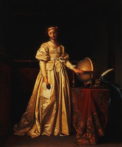 Dama we wnętrzu, w żółtej satynowej sukience, z globusem na stole obok niej, opłakująca nieobecność męża, autorstwa Henri Nicolas van Gorp