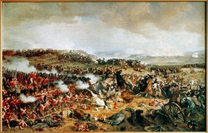 Bitwa pod Waterloo 1815 - francuscy kirasjerzy szarżujący na szkockich górali w kwadracie ... (obraz na płótnie)