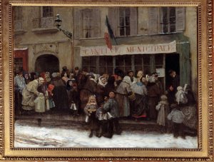 Miejska stołówka podczas oblężenia Paryża w 1870 r. Paryżanie krzątają się przed miejską stołówką w czasie oblężenia miasta przez Prusaków. Obraz Henri Pille (1844-1897)