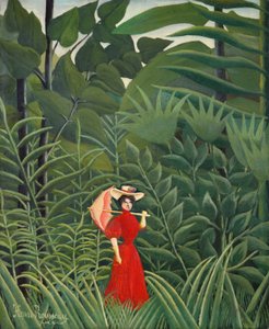 Kobieta w czerwieni w lesie autorstwa Henri Rousseau