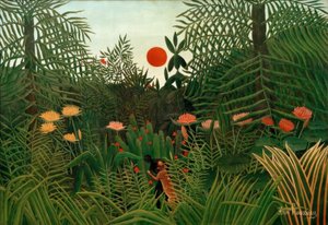 Dziewiczy las o zachodzie słońca. Czarny zaatakowany przez lamparta autorstwa Henri Rousseau